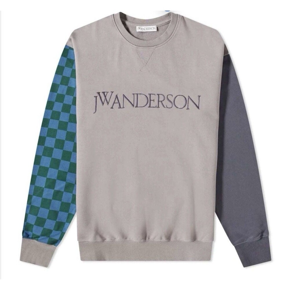 JW Anderson Logo Sweatshirt Colorblock Checkerboard Sleeve Crewneck Gray Size S